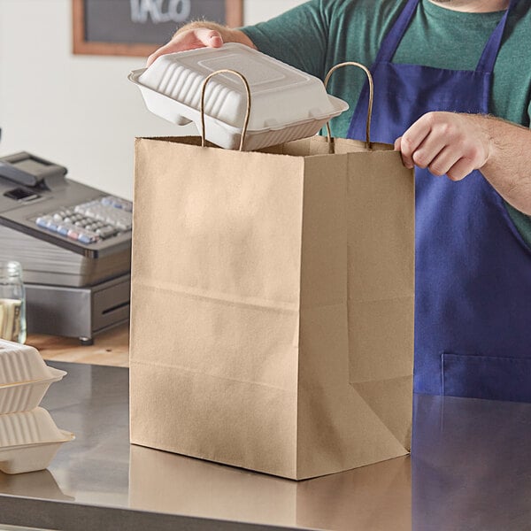 Duro 12" x 9" x 15 3/4" Regal Natural Kraft Paper Shopping Bag with Handles - 87415 (QTY: 200)