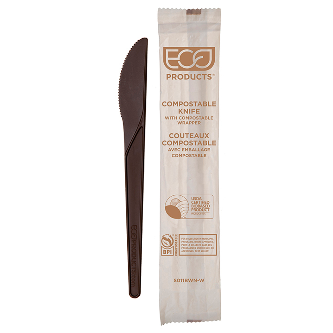 Plantware Renewable & Compostable Individually Wrapped Knife - 6in Brown, Compostable Wrapper (QTY:1000)