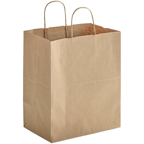 Duro 10" x 6 3/4" x 12" Bistro Natural Kraft Paper Shopping Bag with Handles - 87490 (QTY:250)