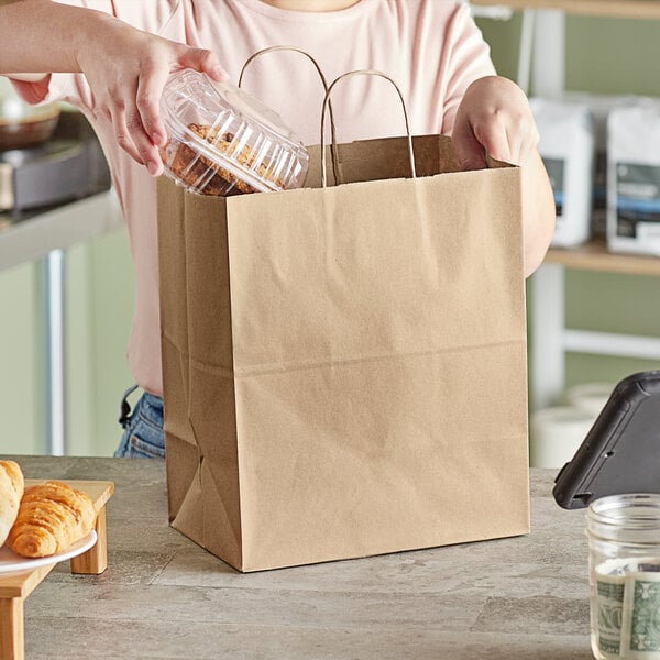 Duro 10" x 6 3/4" x 12" Bistro Natural Kraft Paper Shopping Bag with Handles - 87490 (QTY:250)