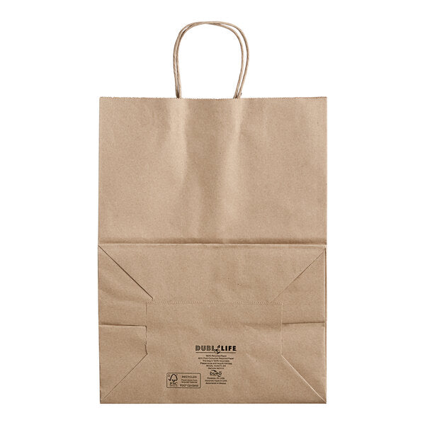 Duro 12" x 9" x 15 3/4" Regal Natural Kraft Paper Shopping Bag with Handles - 87415 (QTY: 200)