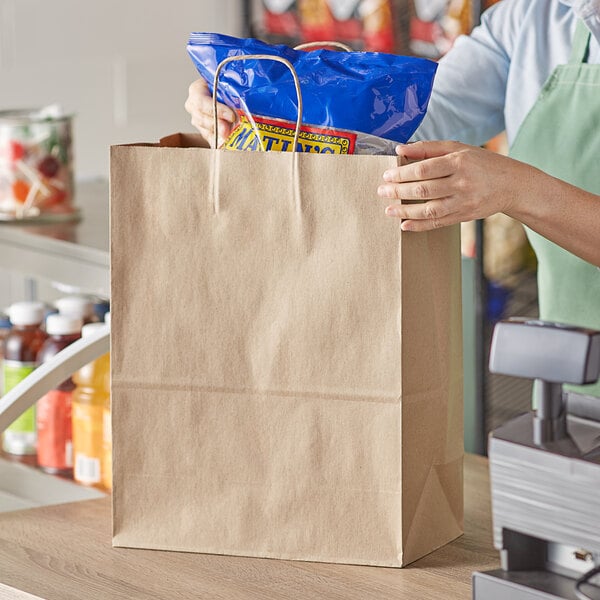 Duro Mart 13" x 7" x 17" Natural Kraft Shopping Bag with Handles - 87128 (QTY:250)
