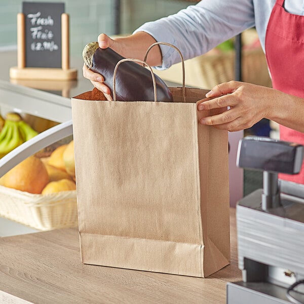 Duro 10" x 5" x 13" Missy Natural Kraft Paper Shopping Bag with Handles - 87124 (QTY:250)