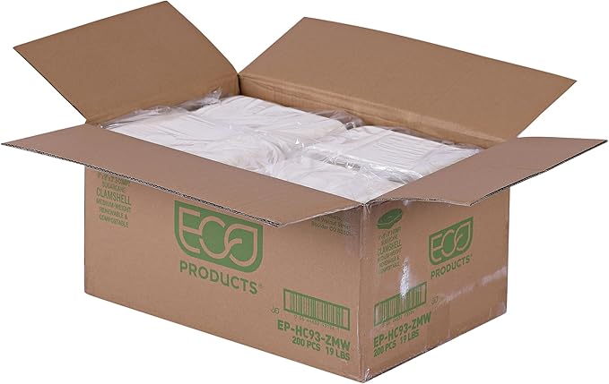 Eco-Products Renewable & Compostable Sugarcane Clamshells - 9 x 9 x 3in, 3-Cmpt, Medium-Weight (QTY:200)