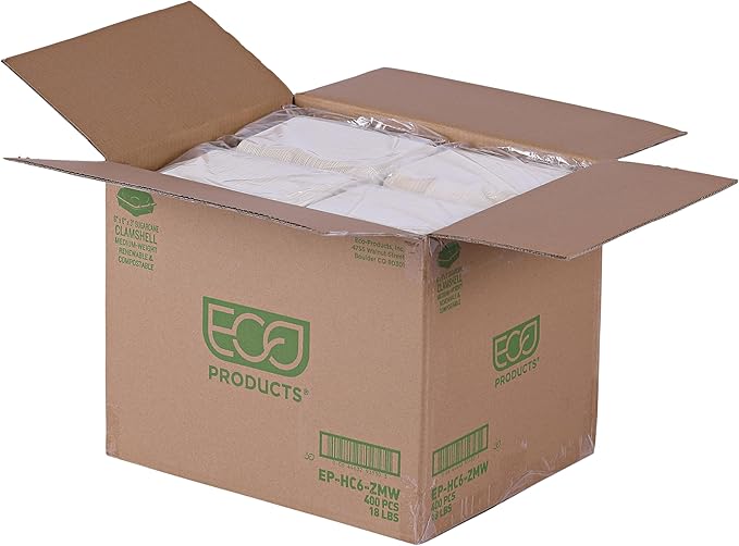 Eco-Products Renewable & Compostable Sugarcane Clamshells - 6 x 6 x 3in, Medium-Weight (QTY:400)