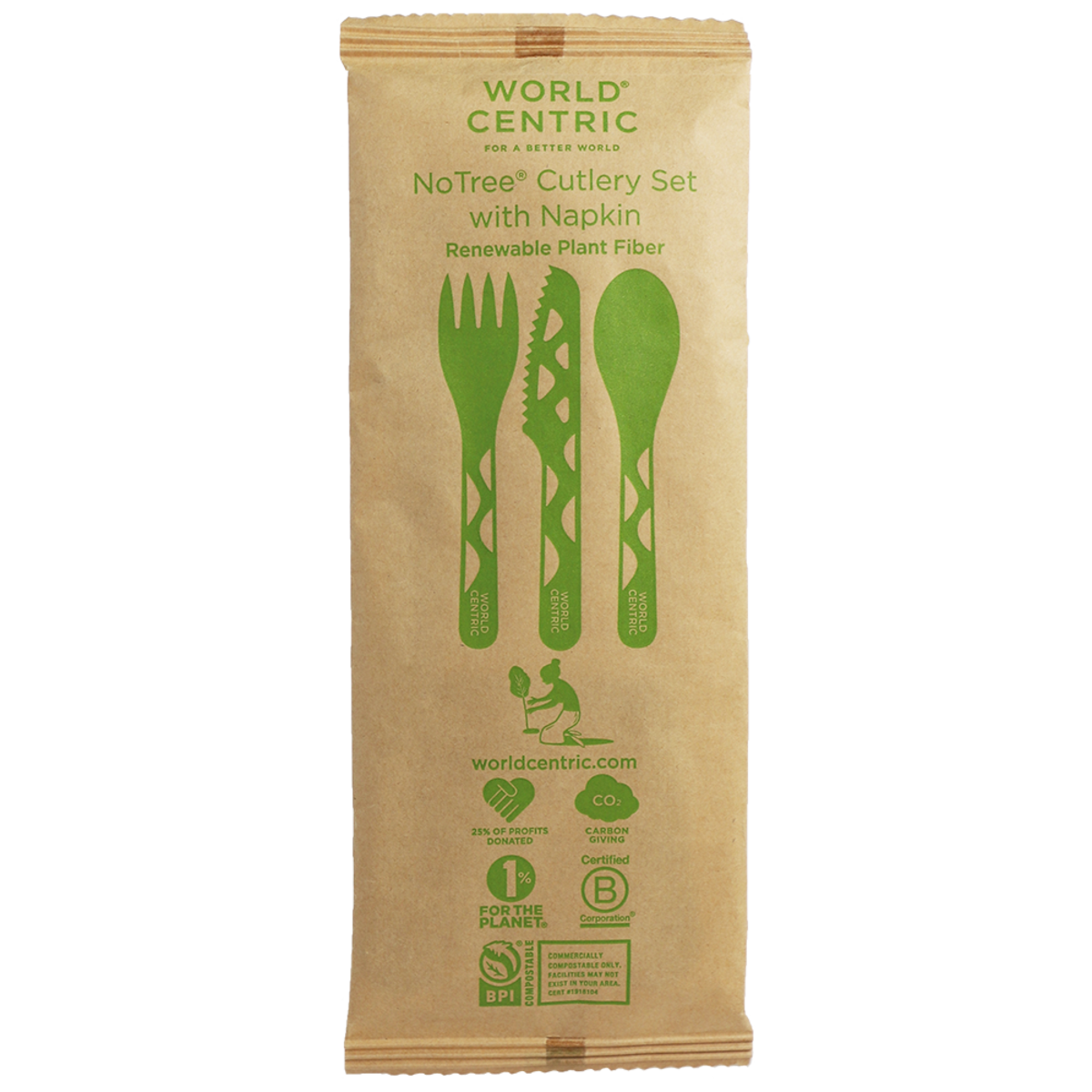 World Centric 6” Wrapped Fiber Cutlery Set: Fork, Knife, Spoon, Napkin (QTY:250)