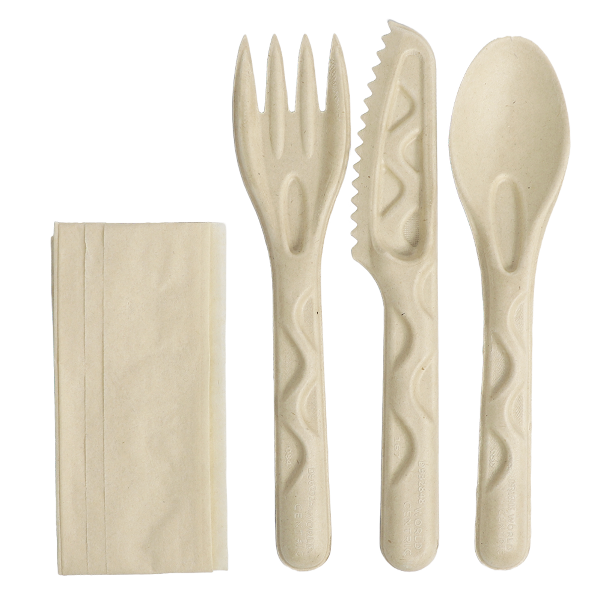 World Centric 6” Wrapped Fiber Cutlery Set: Fork, Knife, Spoon, Napkin (QTY:250)