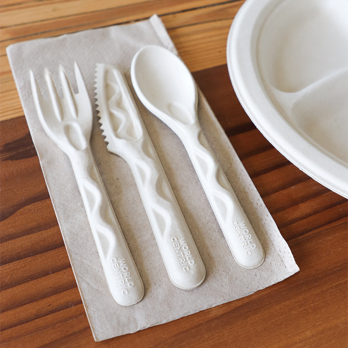 World Centric 6” Wrapped Fiber Cutlery Set: Fork, Knife, Spoon, Napkin (QTY:250)