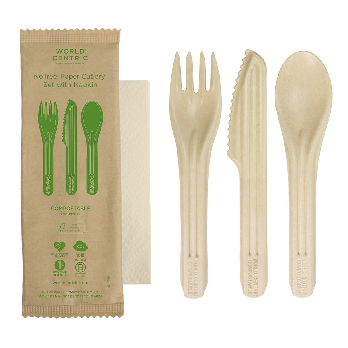 World Centric NoTree 6 in Assorted Compostable Paper Cutlery with Napkin (QTY 250), SKU AS-NT-TN