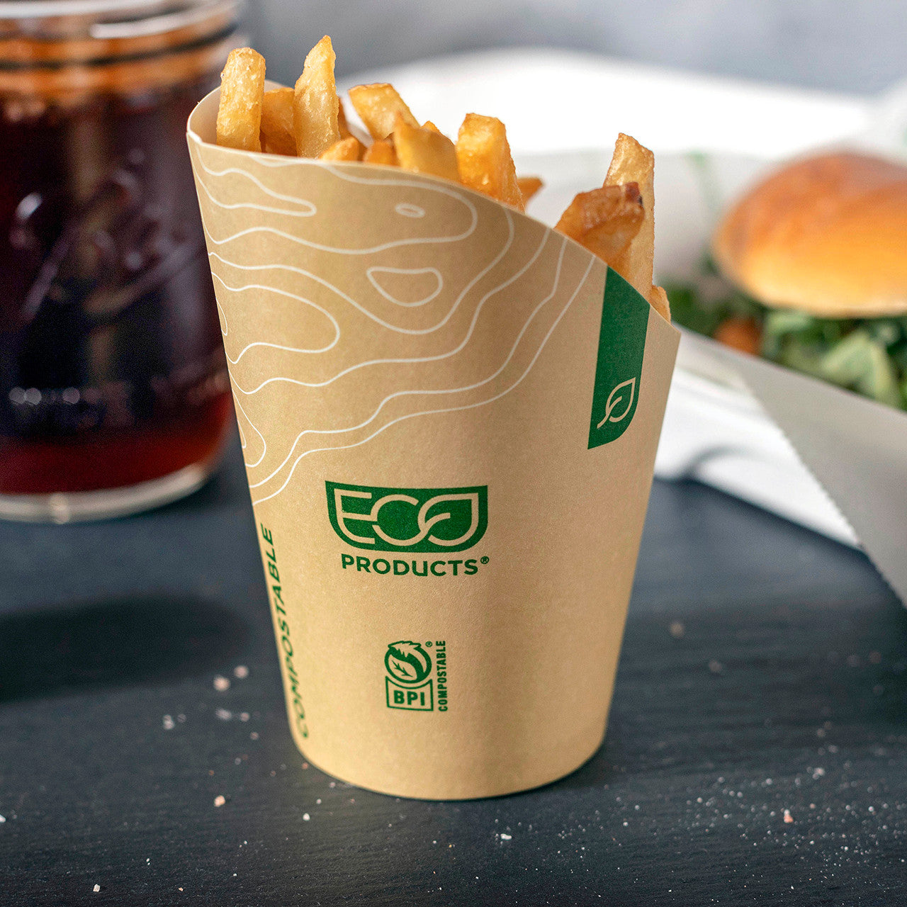 GreenStripe Renewable & Compostable French Fry Scoop & Cup, Large, Leaf Design (QTY:1000)