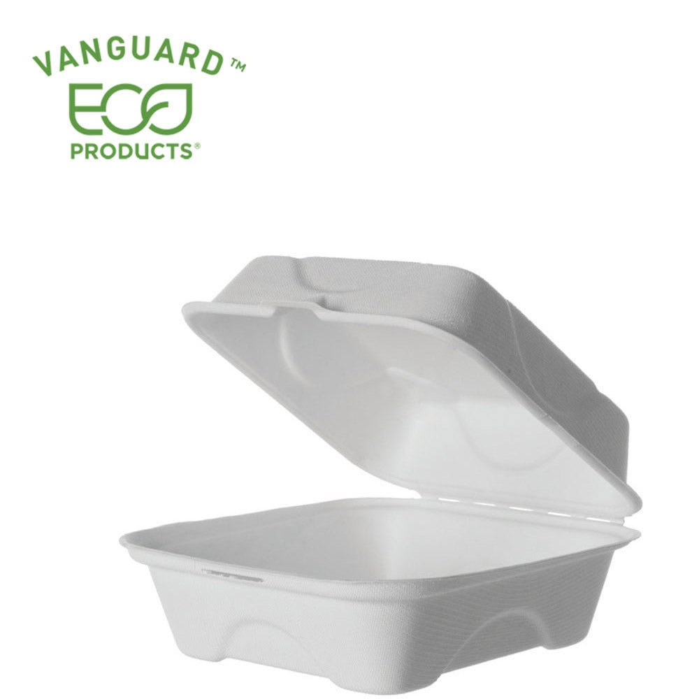 Vanguardâ„¢ Renewable & Compostable Sugarcane Clamshells - 6in x 6in x 3in (qty:500)