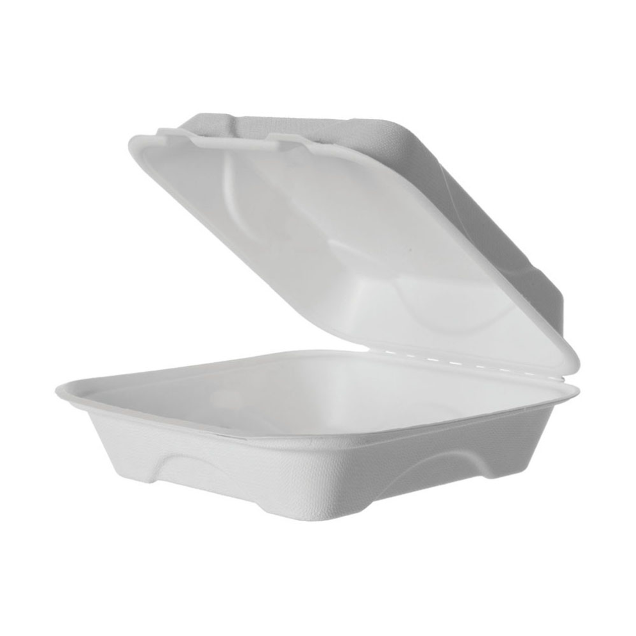 Eco-Products Vanguard Compostable Sugarcane Clamshell 8x8x3 in (QTY 200), SKU EP-HC81NFA