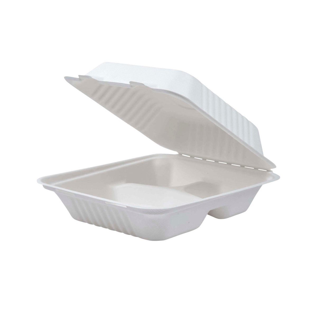 Vanguard Renewable & Compostable Sugarcane Clamshells, 3-Cmpt - 8in x 8in x 3in (QTY:200)
