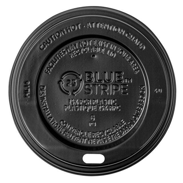 Eco-Products BlueStripe EcoLid Black Hot Cup Lid, 25% Recycled Content, Fits 10-20 oz Cups (QTY 1000), SKU EP-HL16-BR
