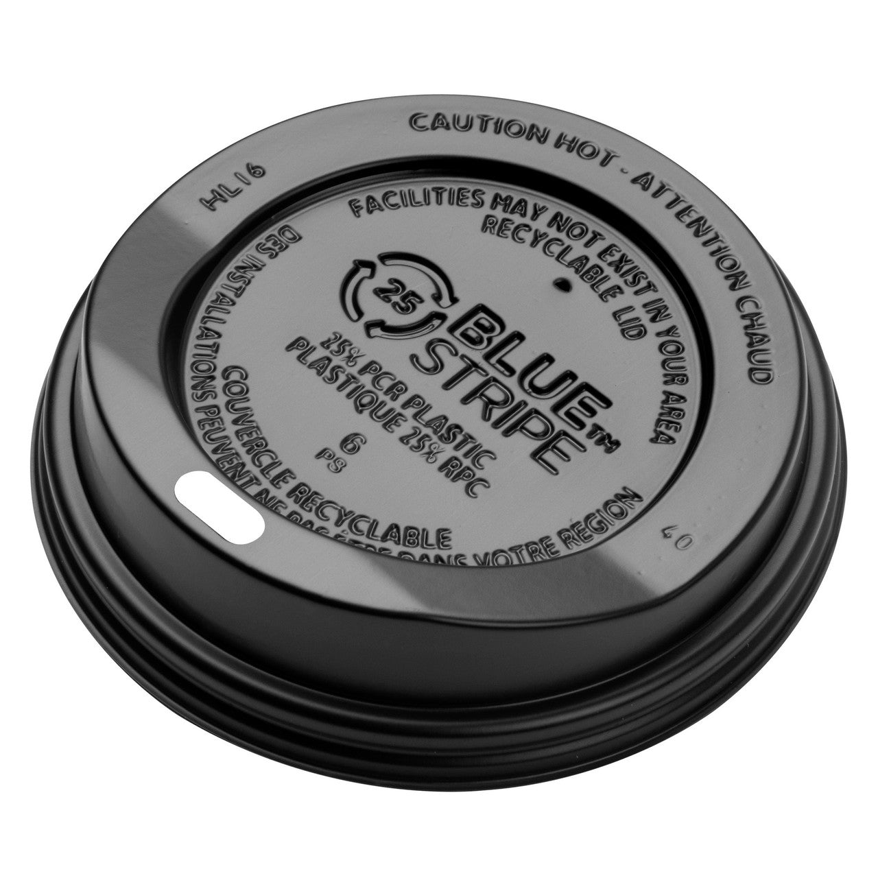 Eco-Products BlueStripe EcoLid Black Hot Cup Lid, 25% Recycled Content, Fits 10-20 oz Cups (QTY 1000), SKU EP-HL16-BR