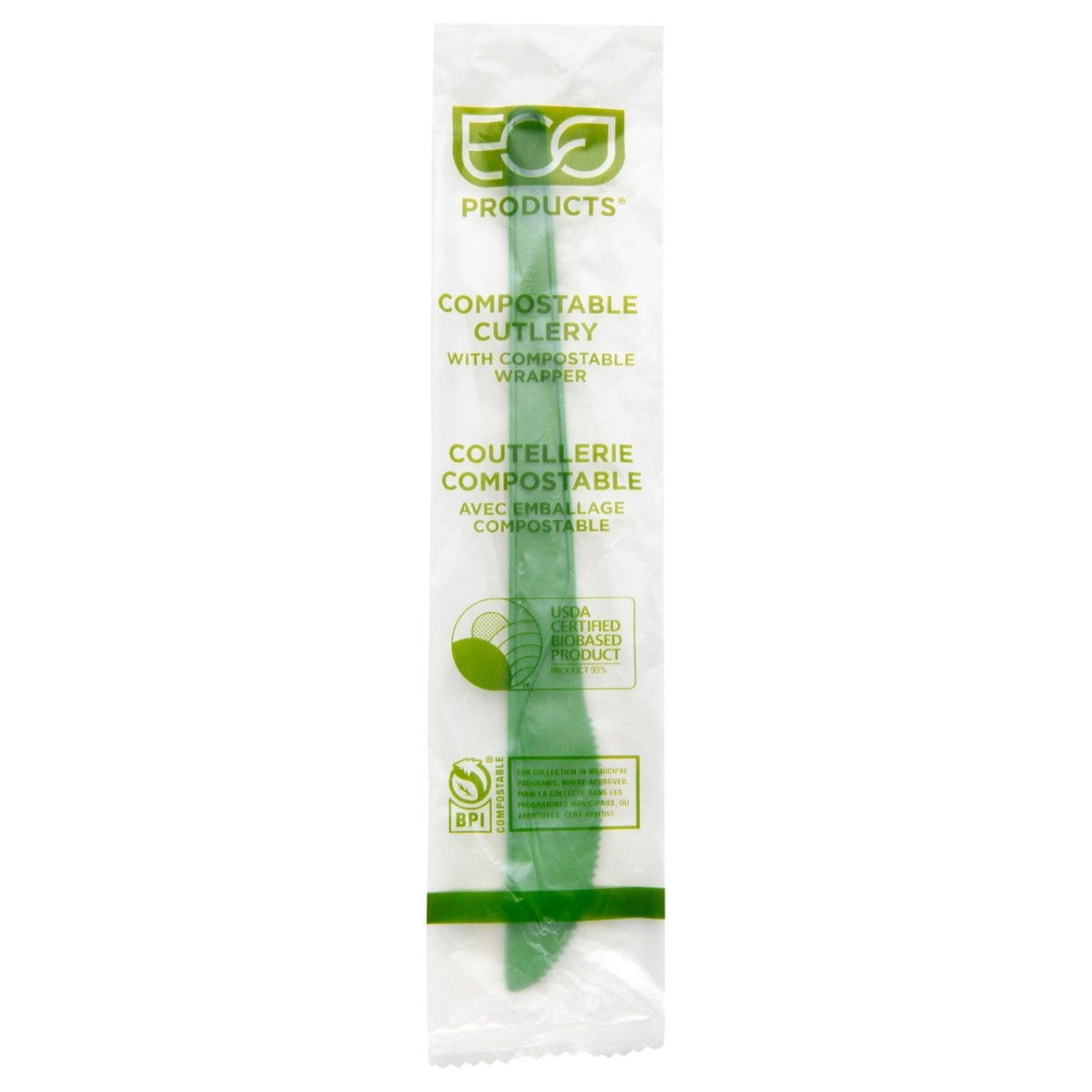 GreenStripe Plantware Renewable & Compostable Individually Wrapped Knife - 6in Green, Compostable Wrapper (QTY:1000)