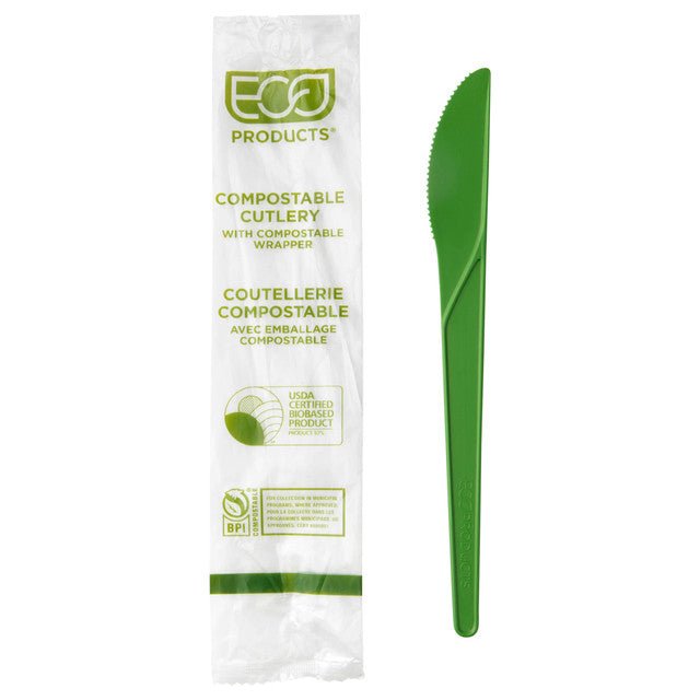 GreenStripe Plantware Renewable & Compostable Individually Wrapped Knife - 6in Green, Compostable Wrapper (QTY:1000)