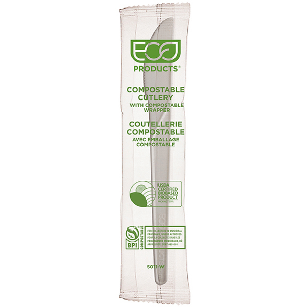 Plantware Renewable & Compostable Individually Wrapped Knife - 6in White, Compostable Wrapper (QTY:50)