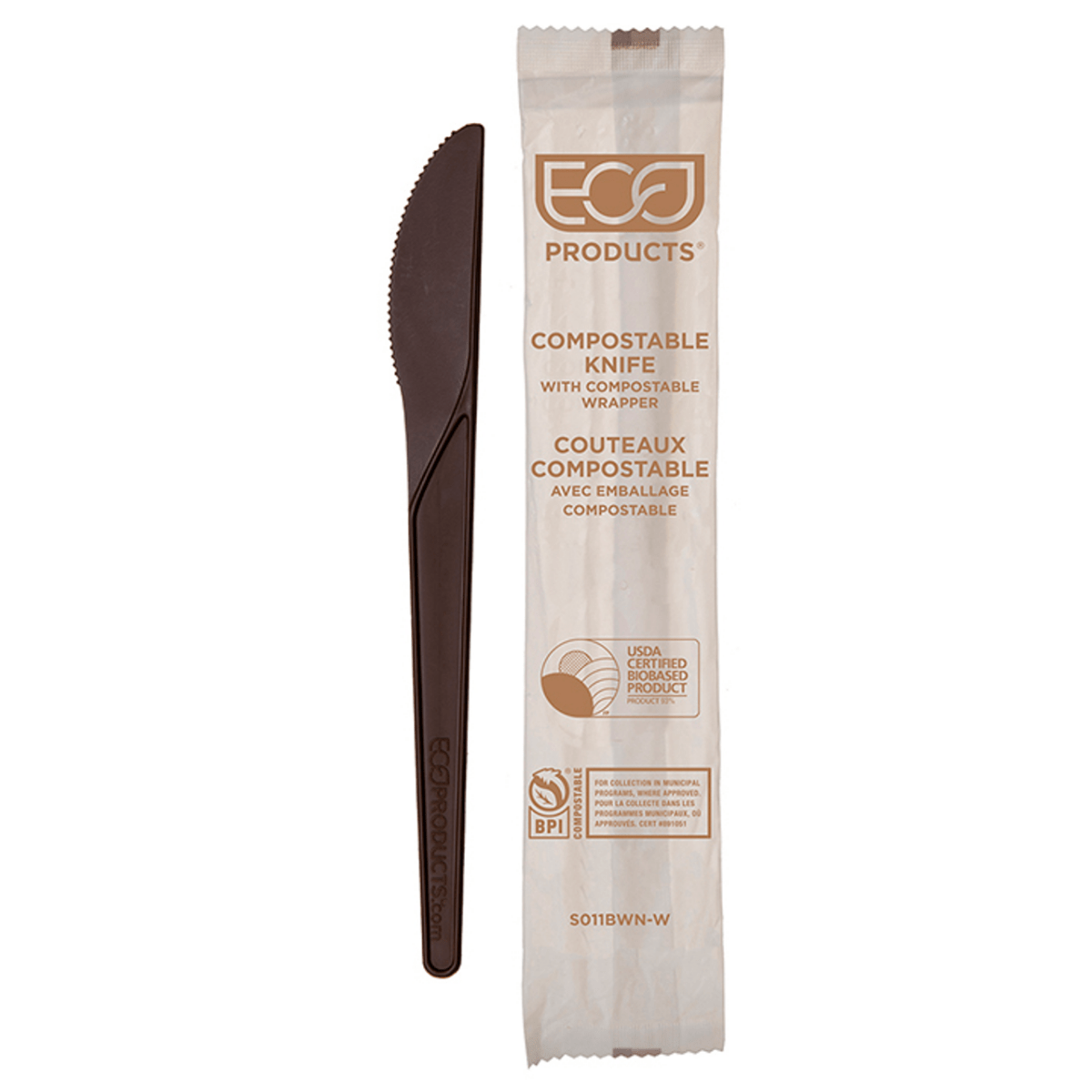 Plantware Renewable & Compostable Individually Wrapped Knife - 6in Brown, Compostable Wrapper (QTY:1000)
