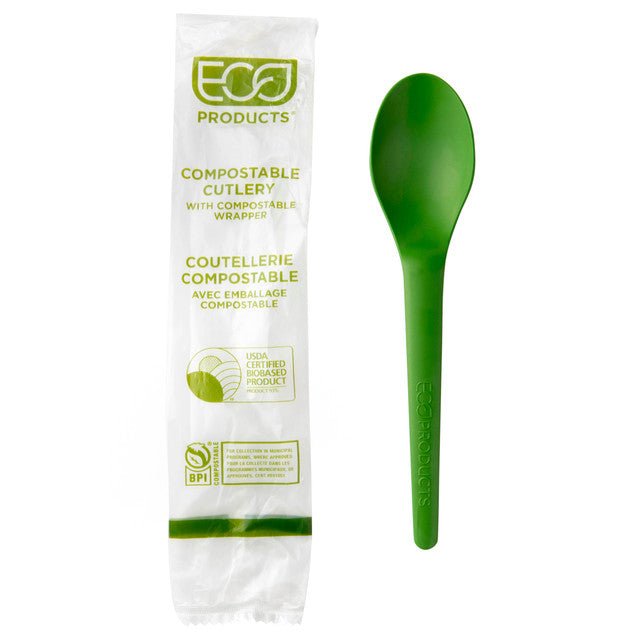 GreenStripe Plantware Renewable & Compostable Individually Wrapped Spoon - 6in Green, Compostable Wrapper (QTY:1000)