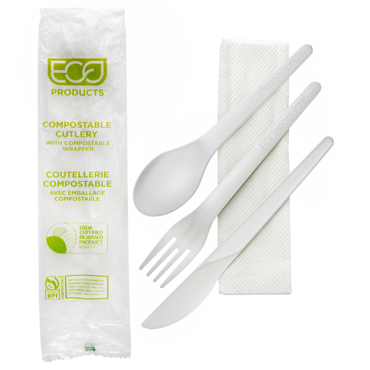 Eco-Products Plantware Compostable Cutlery Kit 6 in (Fork, Knife, Spoon, Napkin) (QTY 250), SKU EP-S015