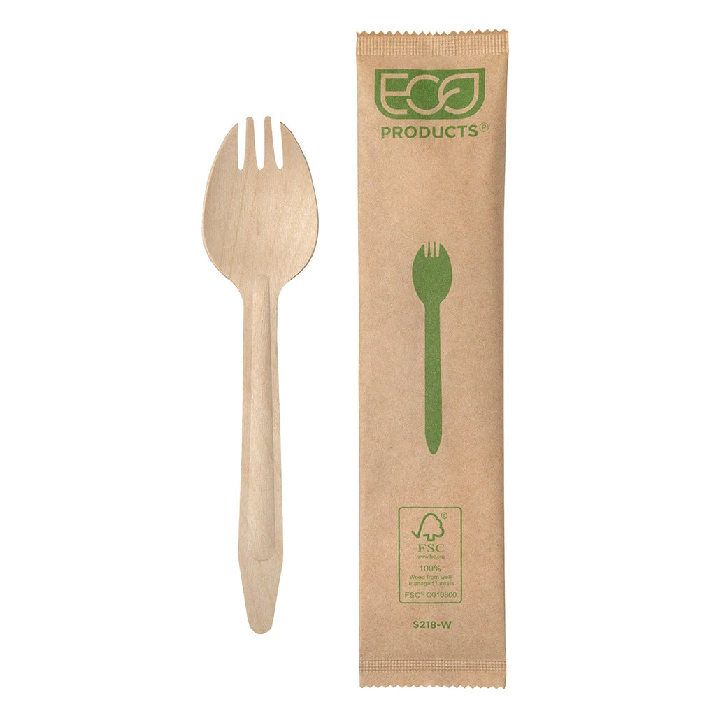 Eco-Products 6.5 in Wood Spork Wrapped FSC Certified Compostable Birch Wood (QTY 500), SKU EP-S218-W
