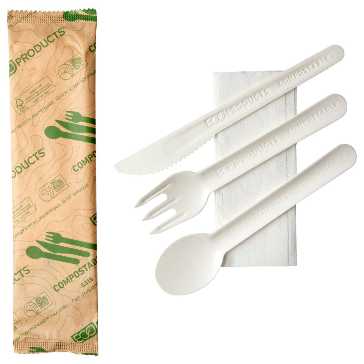 GreenStripe Renewable & Compostable Paper Cutlery Fork/Knife/Spoon/Napkin Kit FSC MIX CREDIT (QTY:250)