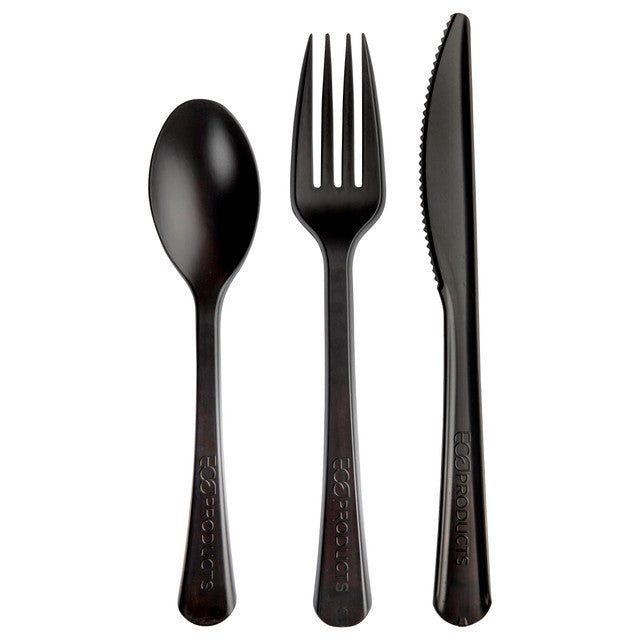 Eco-Products Vine Cutlery Roll Kit Fork Knife Spoon Napkin 7in Black PLA Compostable (QTY 100), SKU ESVBKEROLL3