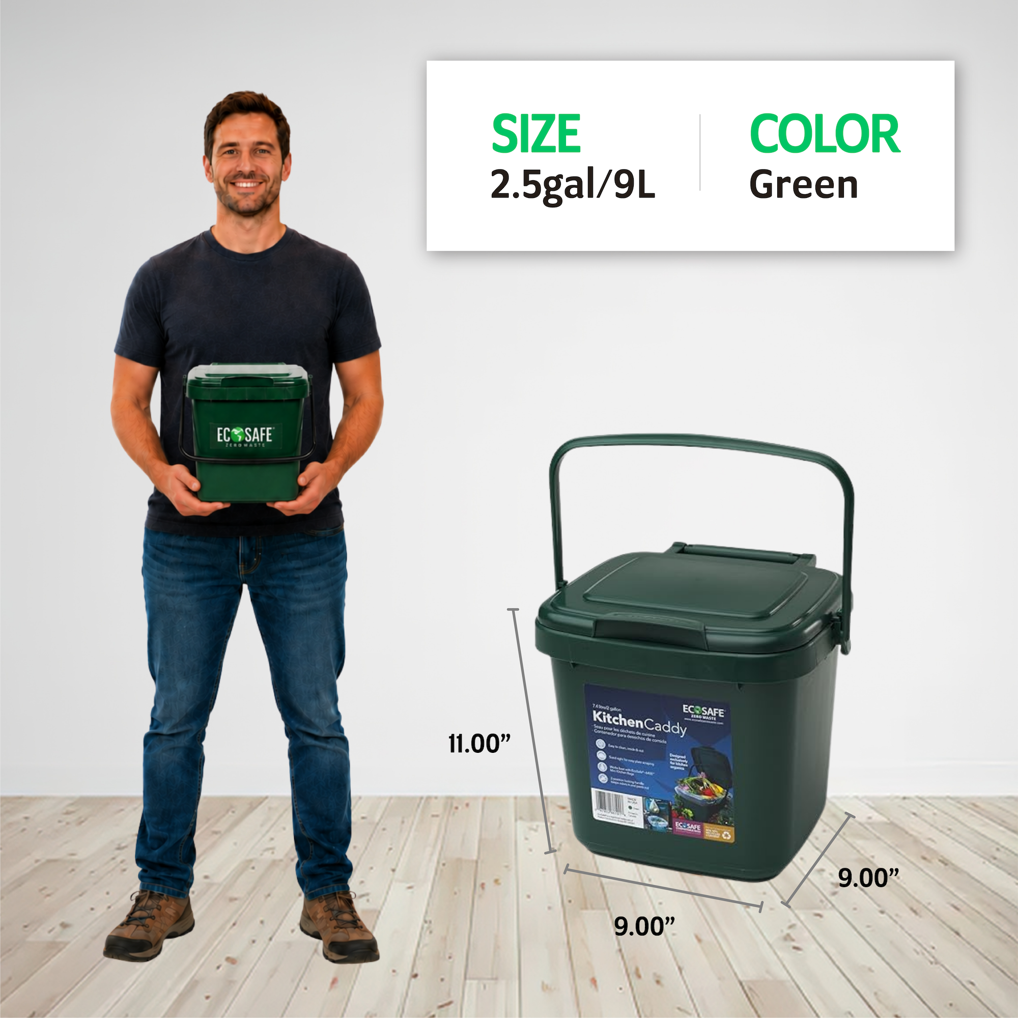 EcoSafe 2.5-Gallon Kitchen Caddy, Eco-Friendly Compost Container, Small Food Waste Bin for Food Scraps and Trash (QTY 1), SKU KCGRN