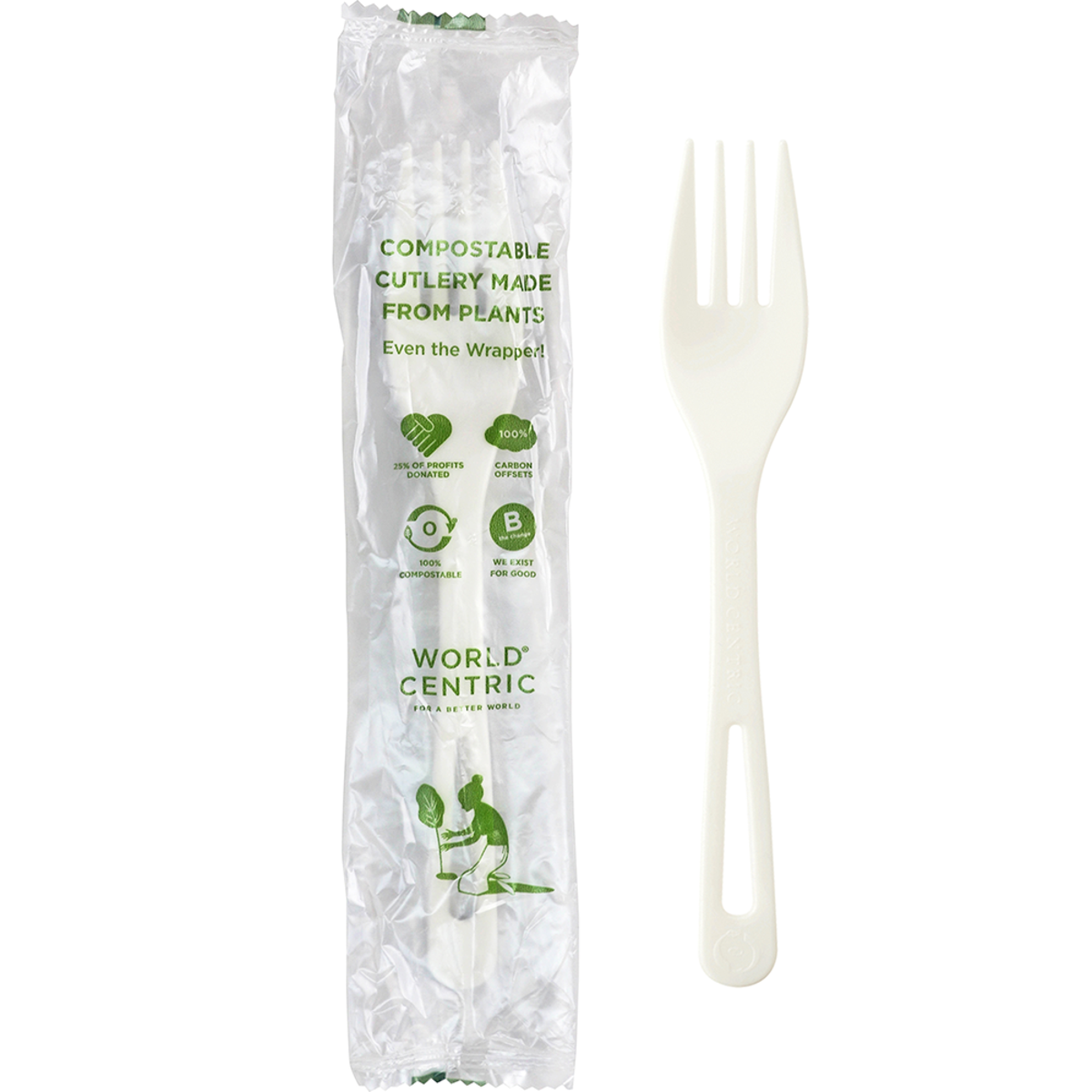World Centric 6.3in TPLA Fork Individually Wrapped Compostable Plant-Based Cutlery (QTY 750), SKU FO-PS-I