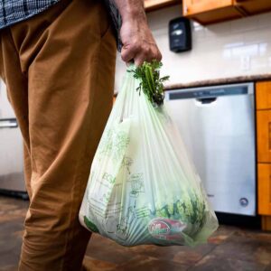 EcoSafe Zero Waste Compostable Shopping Bag with Handles, 12 × 7 × 20 in, 0.85 mil, 15 lb Capacity (QTY 500), SKU TB1920-85