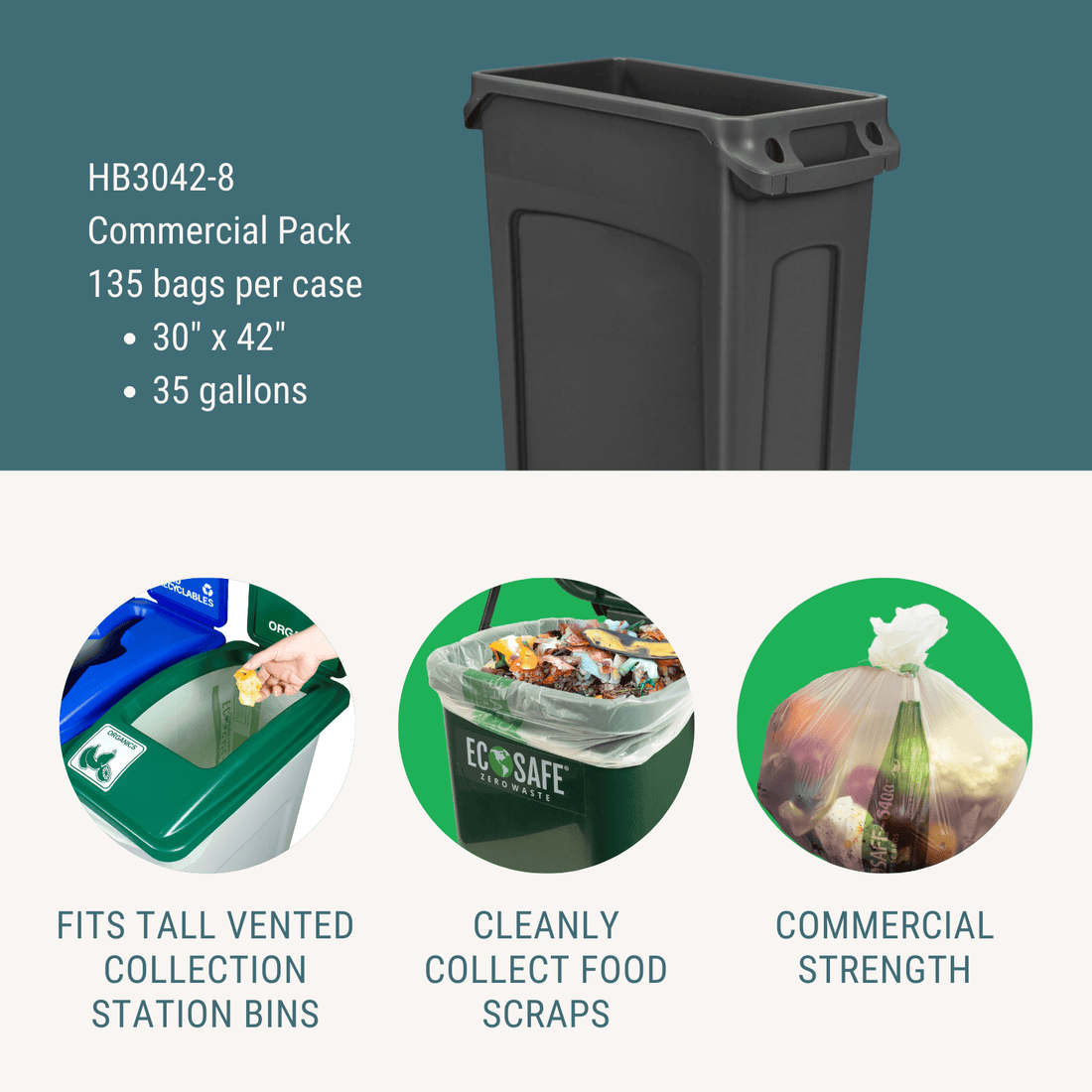 EcoSafe Zero Waste 35 Gallon Compostable Bags 30x42 (QTY 135), SKU HB3042-8