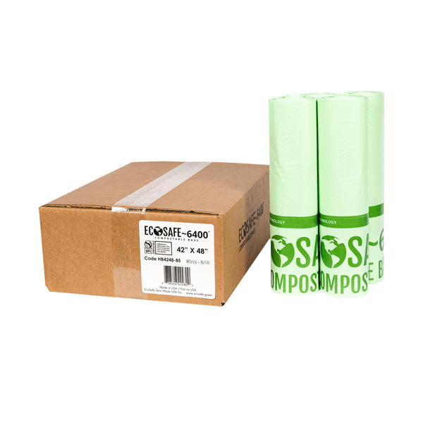 EcoSafe Zero Waste 55 Gallon Compostable Bags 42x48 for Brute & Max-R Bins (QTY 80), BPI Certified, SKU HB4248-85