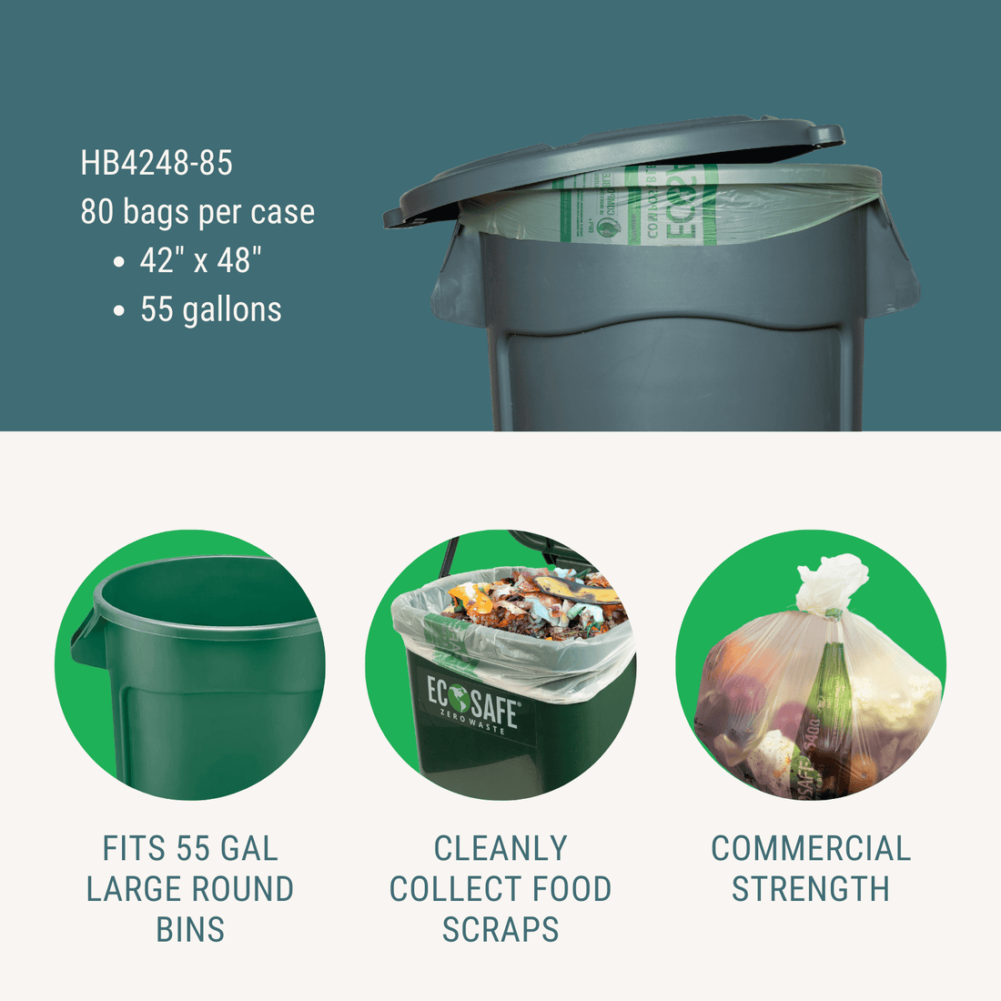 EcoSafe Zero Waste 55 Gallon Compostable Bags 42x48 for Brute & Max-R Bins (QTY 80), BPI Certified, SKU HB4248-85