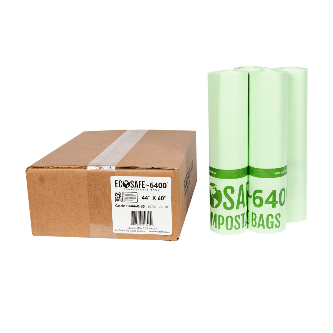 EcoSafe Zero Waste 60 Gallon Compostable Bags 44x60 for Green Carts & Bins (QTY 60), BPI Certified, SKU HB4460-85
