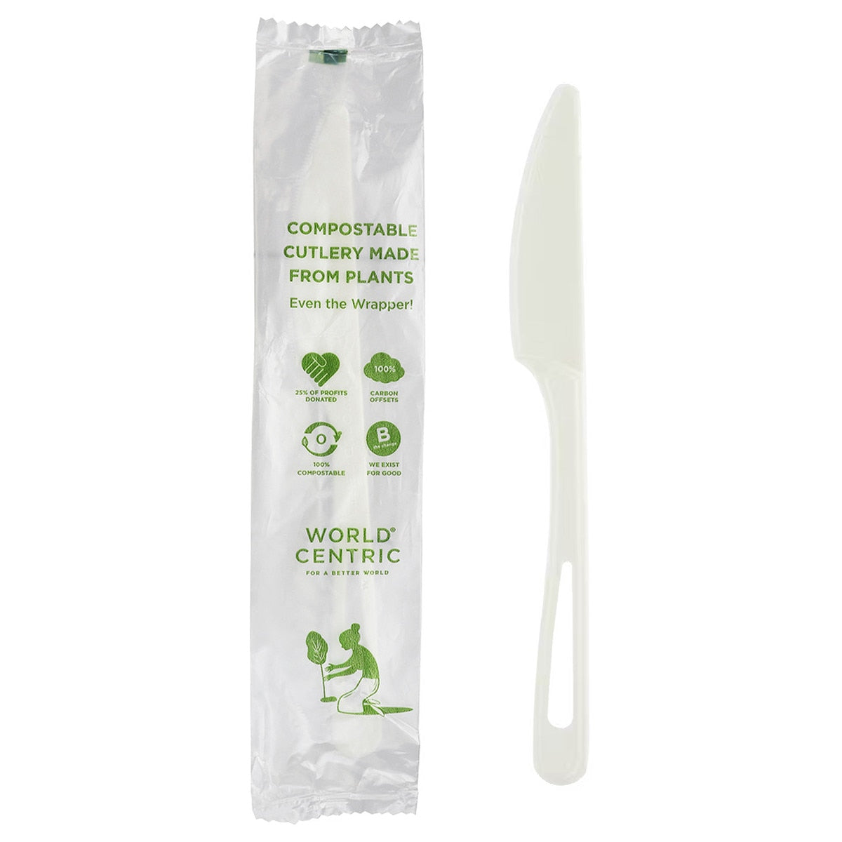 World Centric 6.7 in Ribbed TPLA Knife Wrapped Compostable Cutlery (QTY 750), SKU KN-PS-IL