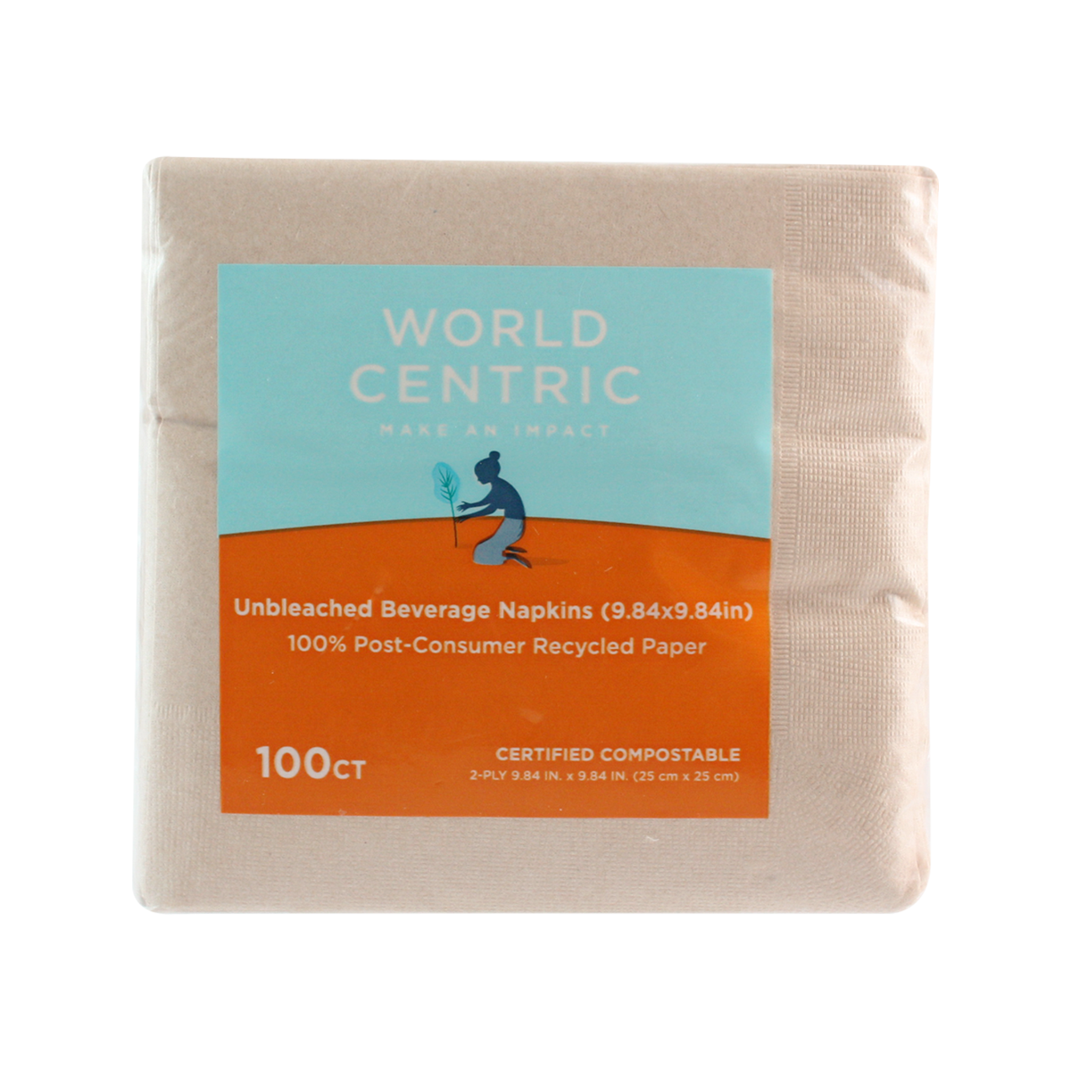World Centric 5" x 5" Compostable 2-Ply Beverage Napkins – 100% Recycled Paper (QTY 4000), SKU NP-SC-BV