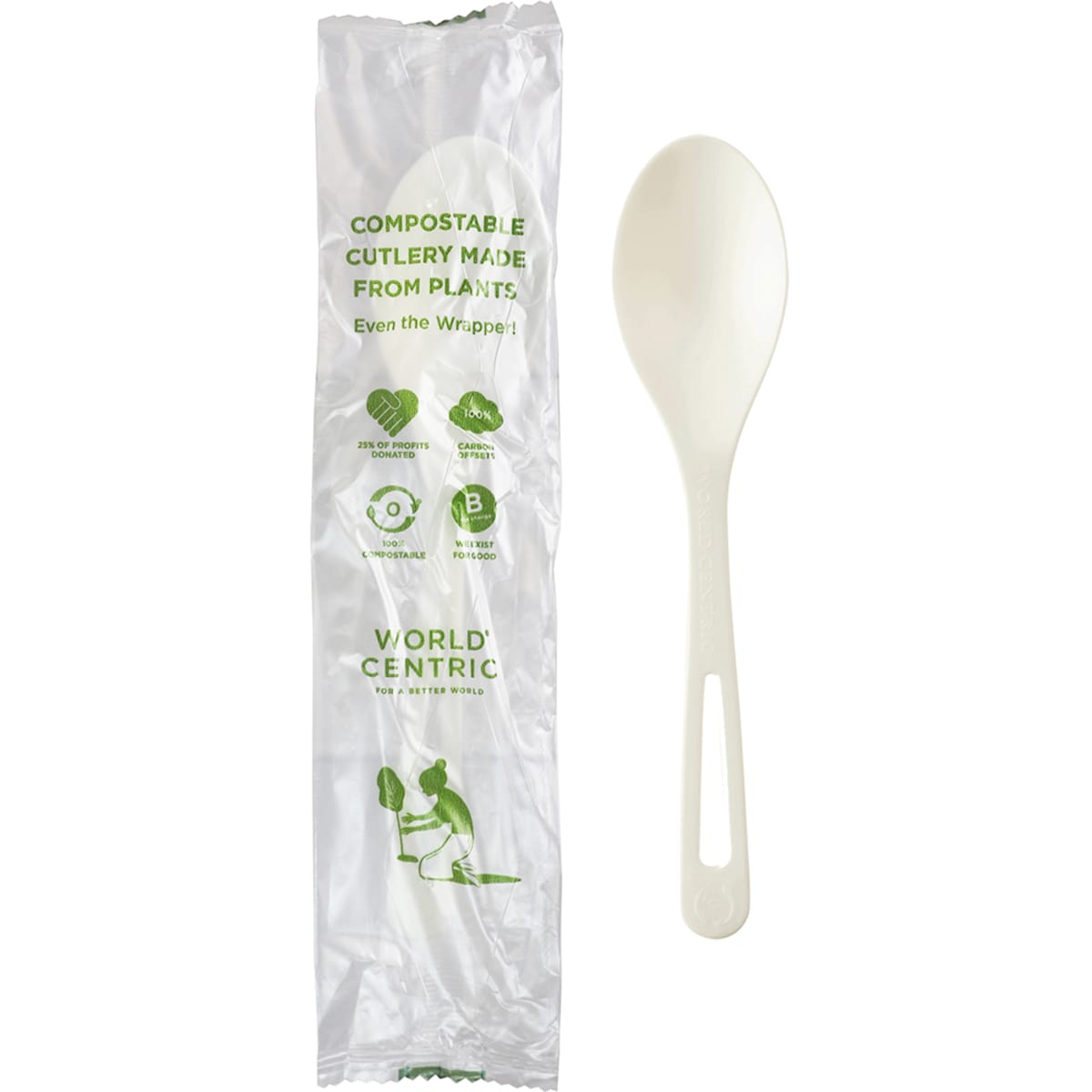 World Centric 6in TPLA Compostable Spoon Individually Wrapped Plant-Based Cutlery (QTY 750), SKU SP-PS-I