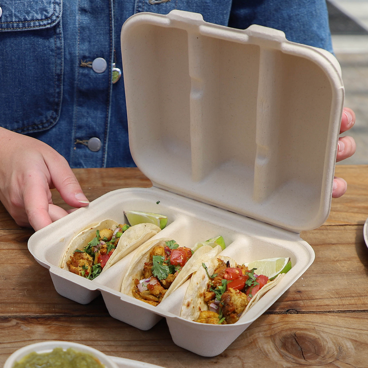 World Centric Fiber Taco Box 3-Compartment 8x7x3in Compostable (QTY 300), SKU TO-SC-T3-LFS