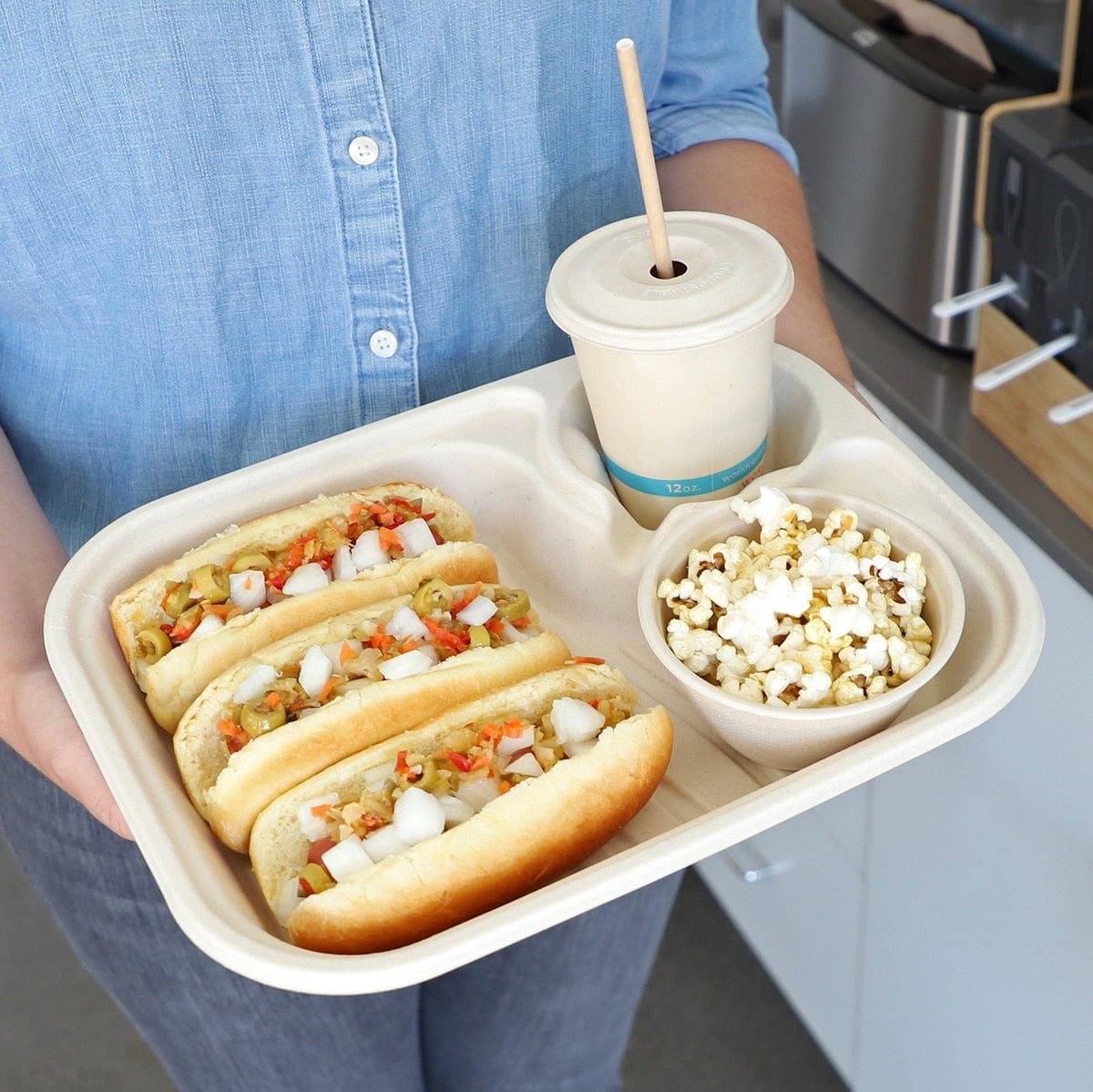 World Centric 13x10 in Large Serving Tray with Cup Holder Compostable Fiber Tray (QTY 200), SKU TR-FB-1310CC-LFS