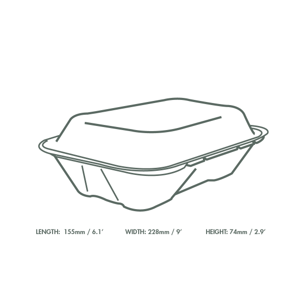 Vegware Compostable Bagasse Clamshell, 9 x 6in, White (QTY 200), SKU VA-SH89