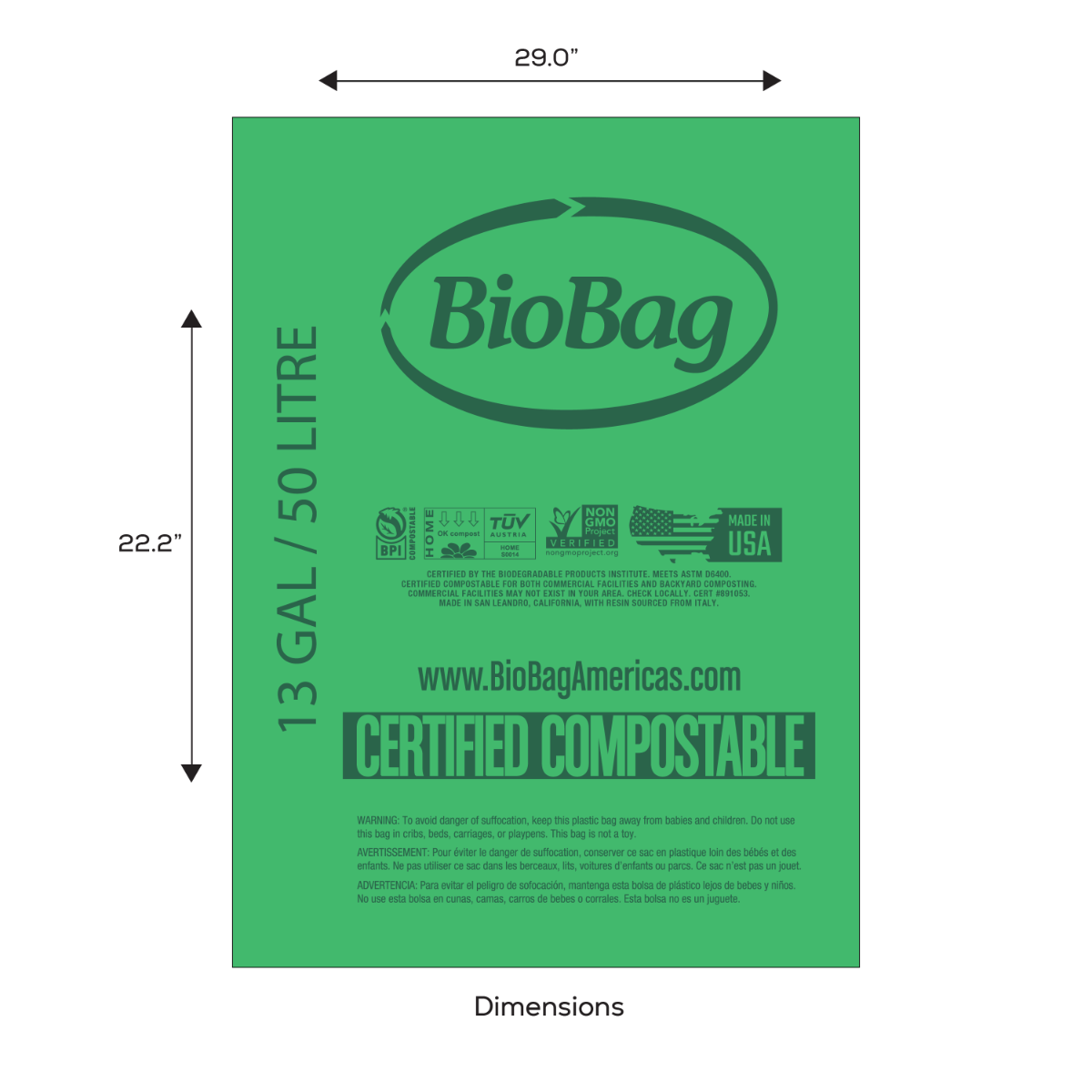 BioBag 13 Gallon Compostable Bags 22x29 (14-Roll Pack, QTY:280), SKU 13G2229