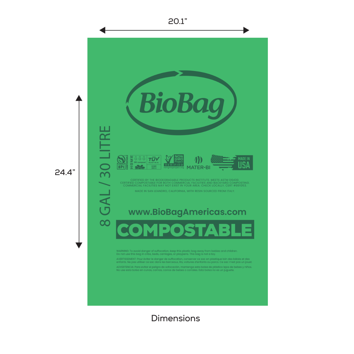 BioBag Compostable Liners, 8 Gallon (QTY 500), SKU 08G2025