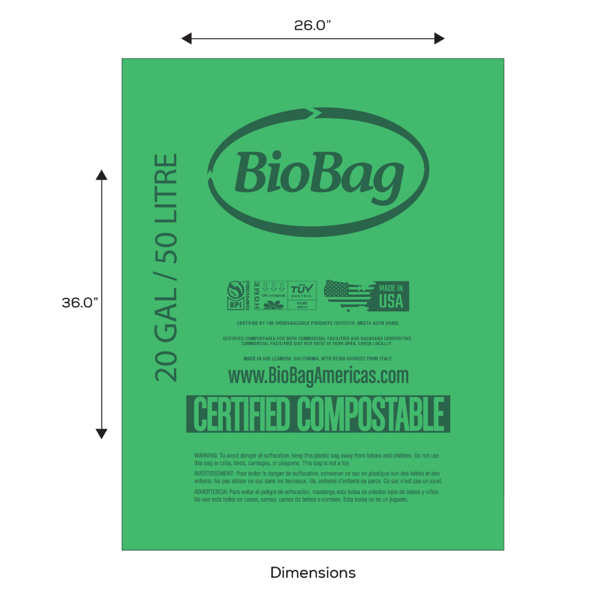 BioBag 20 Gallon Compostable Bags 26x36 (14-Roll Pack, QTY 140), SKU 20G2636
