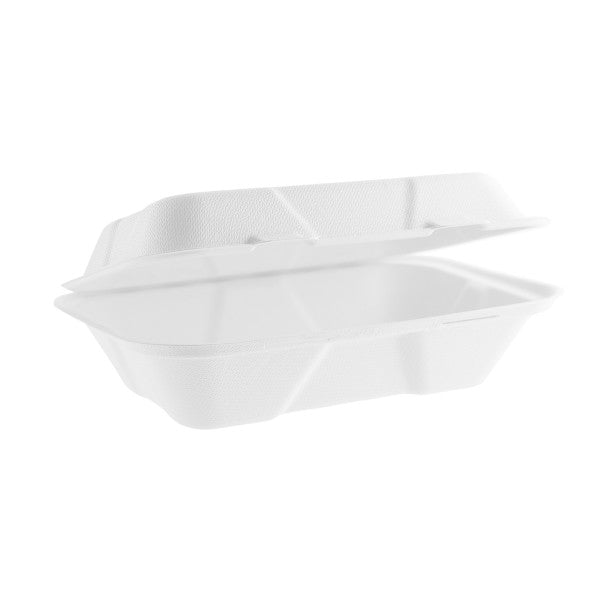 Vegware Compostable Bagasse Clamshell, 9 x 6in, White (QTY 200), SKU VA-SH89