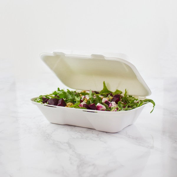 Vegware Compostable Bagasse Clamshell, 9 x 6in, White (QTY 200), SKU VA-SH89