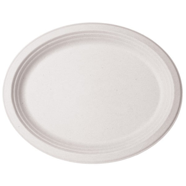Vegware 9x12 in White Molded Fiber Oval Plate Compostable Heavy Duty Serving Platter (QTY 500), SKU WHBRG-912