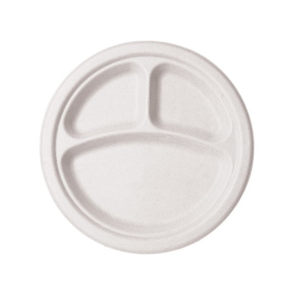 Vegware 9in 3-comp plate, white molded fiber (QTY:500) - Key Compostables