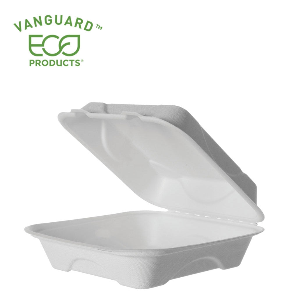 Vanguard™ Renewable & Compostable Sugarcane Clamshells - 8in x 8in x 3in (qty:200)