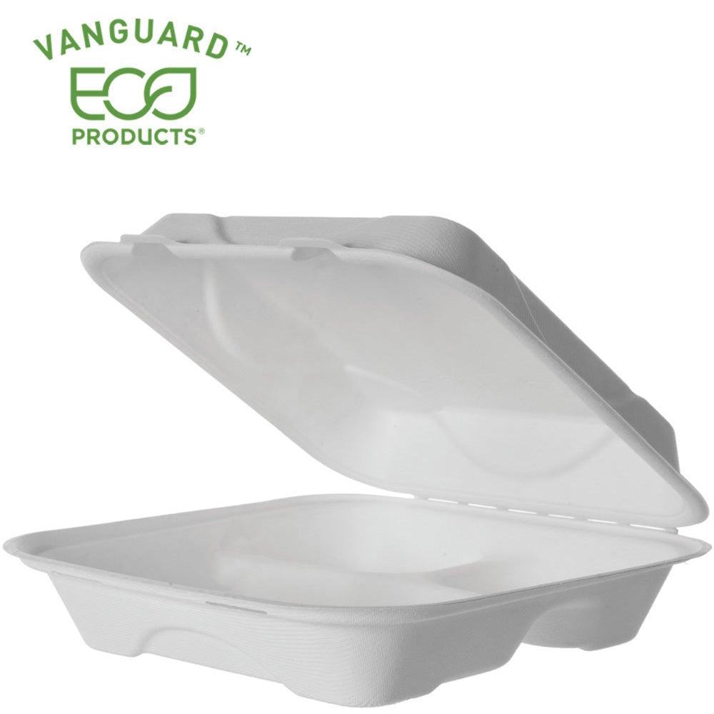 Vanguard Renewable & Compostable Sugarcane Clamshells, 3-Cmpt - 9in x 9in x 3in (qty:200)